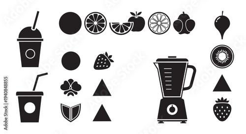 Black icons of blender, fruits and drinks on white background for healthy lifestyle