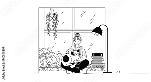 Vector illustration of a woman sitting by a window with a dog on a rainy day
