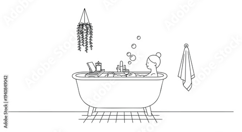 Vector illustration of a bathtub with bubble bath and towel