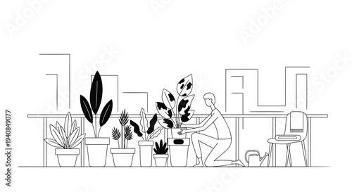 Vector illustration of a person surrounded by plants in an office setting