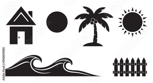 Black silhouettes of house, palm tree, sun, wave, and fence on white background