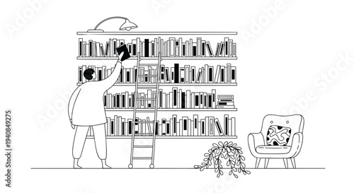 Vector illustration of a person organizing books on shelves with chair and ladder