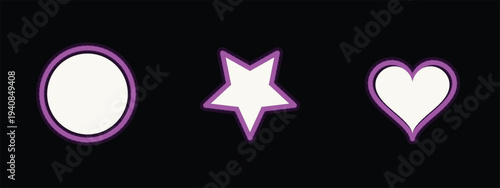 Three distinct symbolic shapes a circle, a star, and a heart outlined in vivid pink on a plain black surface