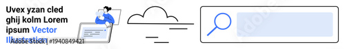 Digital communication, cloud-based storage, data management, search tools, online services, technology innovation. Person accessing data, cloud icon and search bar. Data management and digital