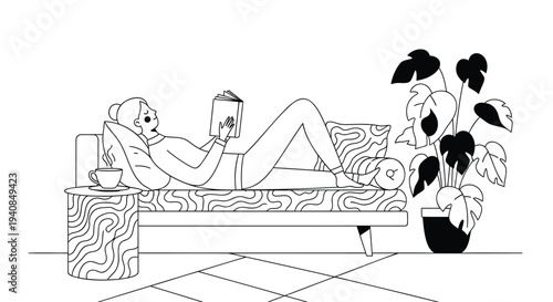 Vector illustration of woman relaxing on sofa with laptop and coffee