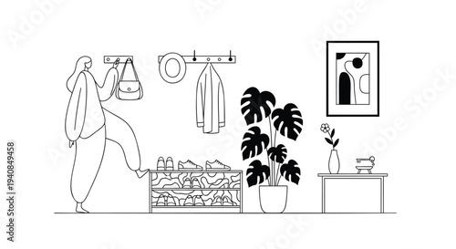 Vector illustration of a woman in a minimalist room with furniture and plants