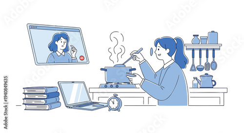 Vector illustration of woman cooking while video calling