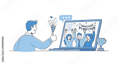 Vector illustration of man celebrating with team on laptop screen