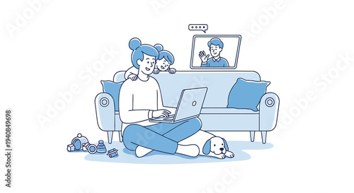 Vector illustration of woman working on laptop with dog on couch