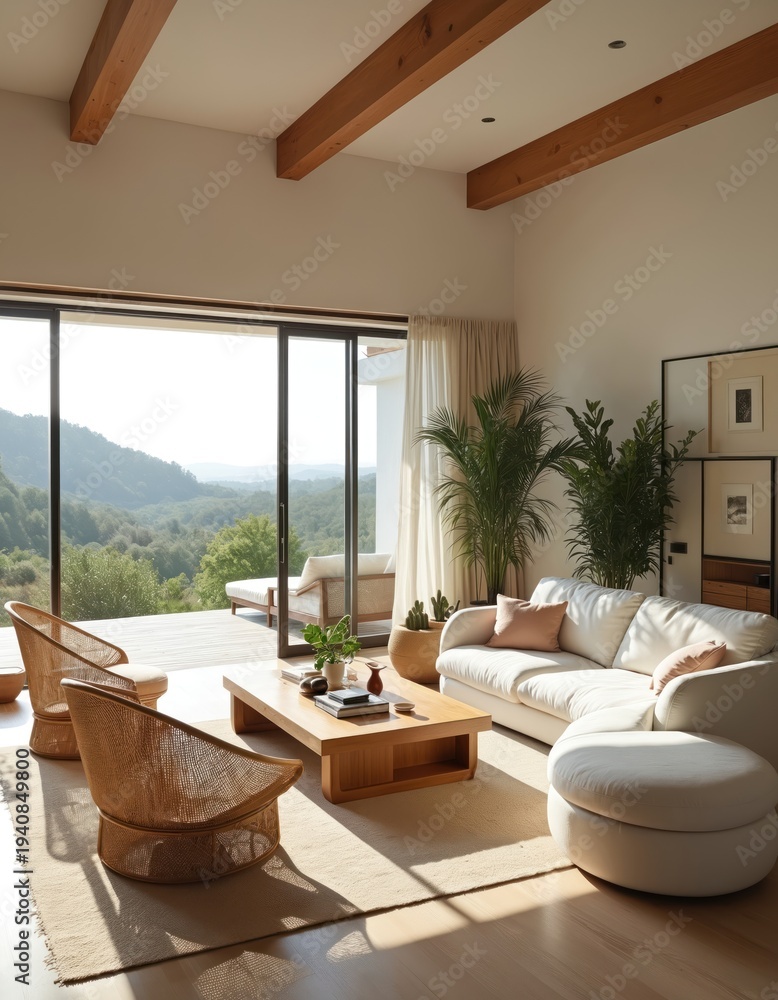 Fototapeta premium Modern living room with large window overlooking forest hills. White sectional sofa, wicker chairs, wooden coffee table with books. Natural light brightens spacious apartment.
