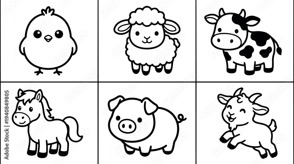 Obraz premium Line art grid close up of six cute farm animal icons chick sheep cow horse pig goat in black outline style