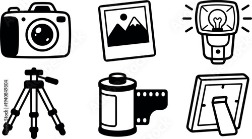 Minimalist line art flat design camera gear icons set showing camera tripod flash film frame photo print