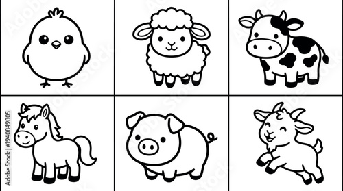 Line art grid close up of six cute farm animal icons chick sheep cow horse pig goat in black outline style