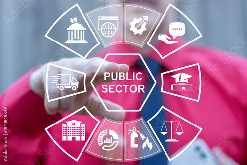 Concept of modern online public sector. Government Education Health Care Municipal Service Information Internet Technology.