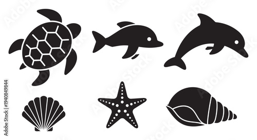 Marine animals and sea shells in black silhouette on white background