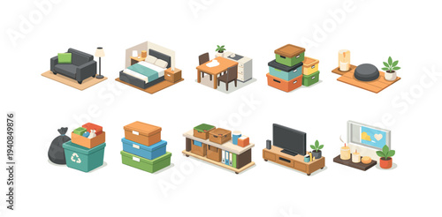 Home organization flat icon set. storage, furniture, cleaning icons collection