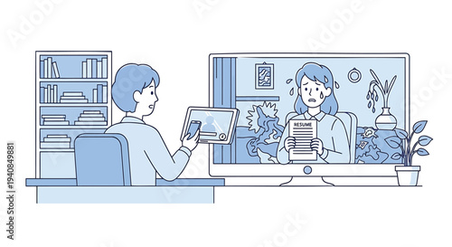 Vector illustration of two people working remotely with computer and tablet