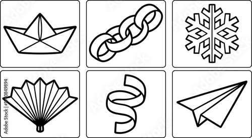 Line art icon set close up six minimalist paper craft symbols paper boat chain links snowflake fan ribbon paper airplane grid