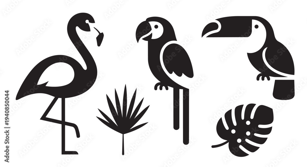 Fototapeta premium Tropical birds and plants vector illustration set with flamingo and toucan designs