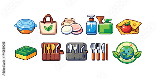 Eco-friendly, sustainable flat icon set. reusable, zero waste lifestyle icons collection