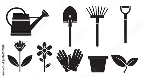 Gardening tools and plants icons set in modern style