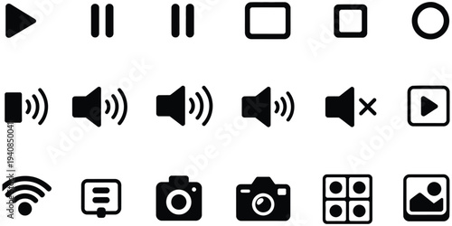 Black and White Media Control and Playback Icons Collection Featuring Play Pause Stop Forward Rewind Audio Video Interface Symbols Isolated on White Background Vector