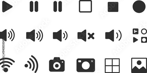 Black and White Media Control and Playback Icons Collection Featuring Play Pause Stop Forward Rewind Audio Video Interface Symbols Isolated on White Background Vector