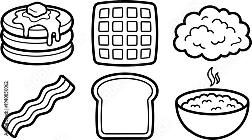 Line art breakfast icon set close up stack pancakes waffle eggs bacon toast porridge simple black outline monochrome scalable vector