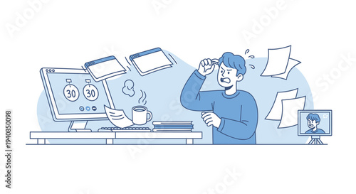 Vector illustration of stressed man at office desk with computer and papers