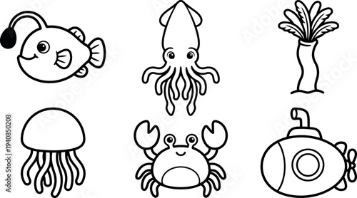 Whimsical kids doodle top down set of sea creatures and submarine in black outline vector sheet smiling characters flat view simple