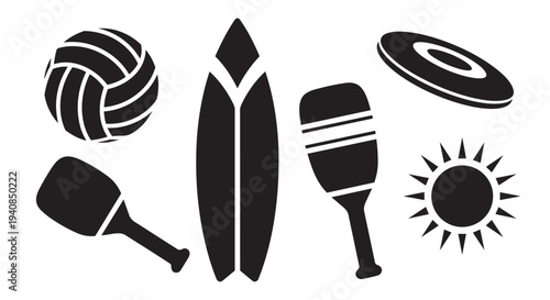 Black and white vector illustration set of beach summer vacation elements and symbols