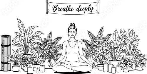 Vector illustration of woman meditating peacefully surrounded by lush potted houseplants and candles