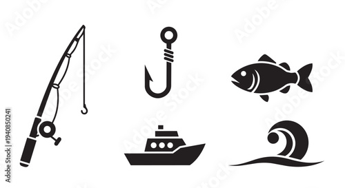 Fishing vector illustration set with rod, hook, fish, boat, and wave design elements