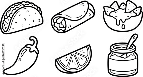 Hand drawn line art top view mexican food icons taco burrito nachos chili lime wedge and salsa jar close up