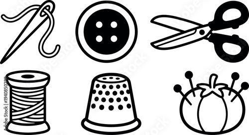 Flat design line art close up sewing icons set needle thread button scissors spool thimble pincushion arranged on white clean background