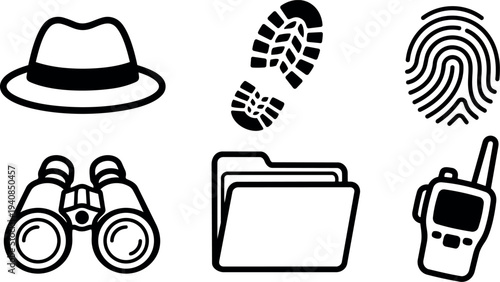 Minimalist black line art flat design icons showing fedora hat, bootprint, fingerprint, binoculars, file folder and walkie talkie on white
