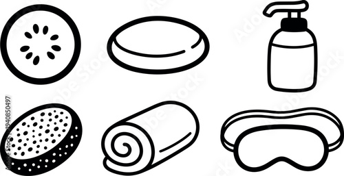 Minimalist line art close up spa icons showing cucumber slice soap pump bottle exfoliating sponge rolled towel and sleep eye mask