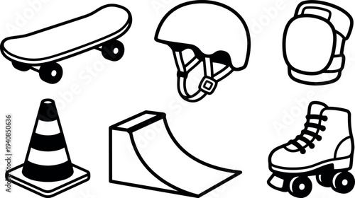 Line art vector skatepark gear icons showing skateboard helmet knee pad cone ramp and roller skate set top view close up
