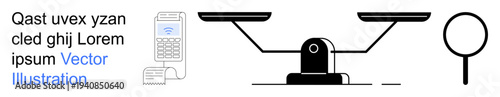Justice, finance, legal systems, investigations, balance, analysis. A balance scale with a magnifying glass and a payment terminal. Justice and finance concepts using minimalistic design