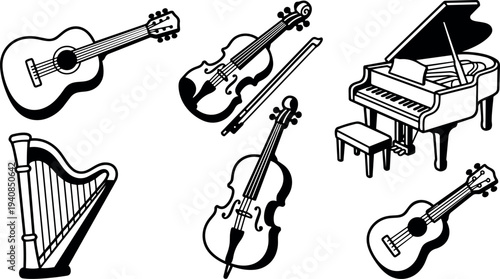 Line art vector set showing angled acoustic guitars, violin with bow, cello, harp and grand piano on bold white background