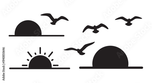 Simple sunset and seagulls silhouettes flying overhead peacefully