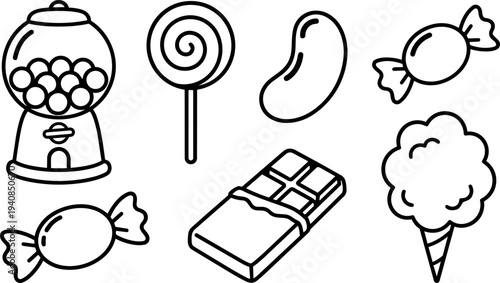 Line art vector set of candy icons showing gumball machine lollipop jellybean wrapped candy chocolate bar and cotton candy cone