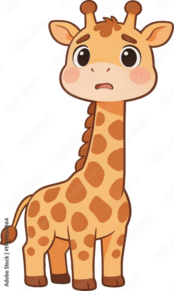 Fototapeta premium Cute cartoon giraffe sticker with a confused expression, isolated on a white background. Adorable baby giraffe character illustration for children's decor and stationery.