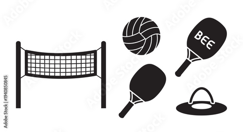 Black silhouettes of sports equipment for volleyball and pickleball