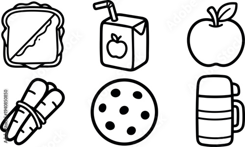 Hand drawn line art vector set close up sandwich juice box apple carrots cookie and thermos icons on white background