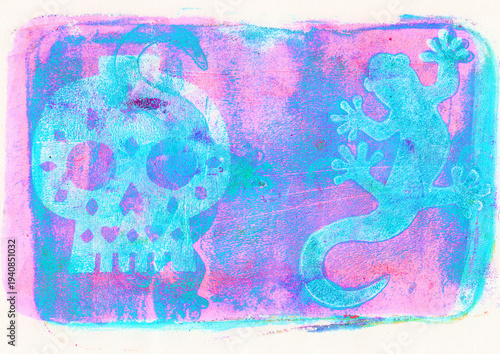 Abstract Monoprint with gecko and skull Gel Plate Illustration with Organic Textures and Layered Acrylics A unique, hand-printed monoprint created using a gel plate and brayer. 