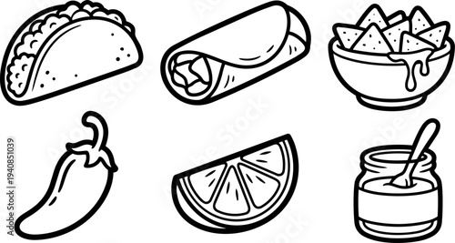 Line art taco and burrito icons showing taco facing right burrito roll nachos bowl chili pepper lime wedge sauce jar