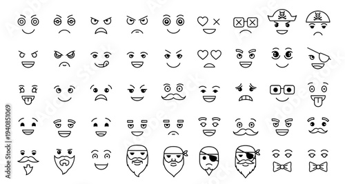 Emoji character creator kit with various eyes mouths and facial hair
