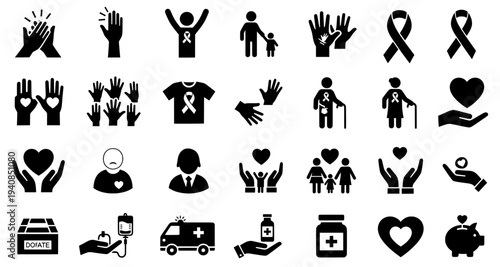Social charity and healthcare support glyph icon set with awareness ribbons

