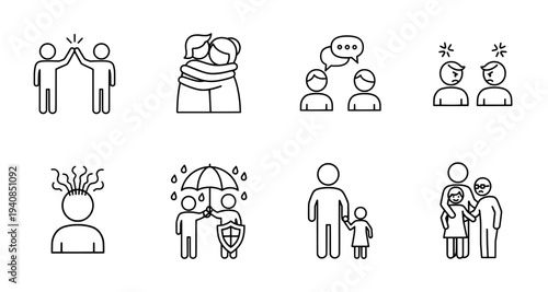 Human relationships and emotions thin line icon set with empathy and support
